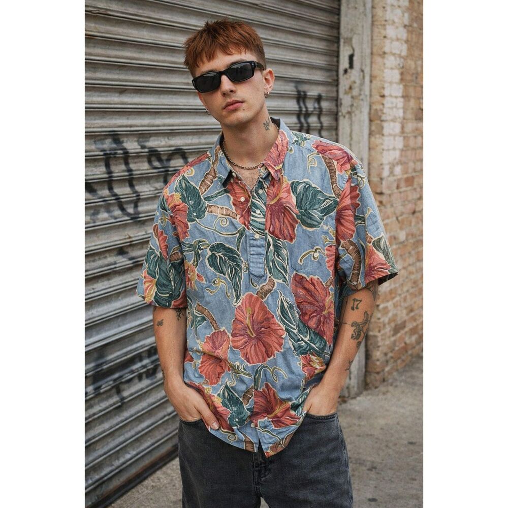 Vintage Reyn Spooner Blue Floral Button Up Short Sleeve Shirt Top Mens Size XL